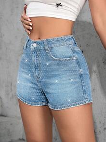 ALO FASHION Shorts vaqueros brillantes para mujer, de talle alto, estilo bermuda con pedrería para un look bonito y sexy. - azul real - Ver 5
