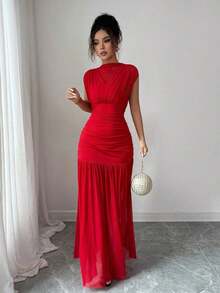 Nuevo vestido de moda de cuello alto sólido rojo sin mangas, con diseño sexy de malla calada y plisado en línea A, adecuado para fiesta de graduación, eventos festivos, citas - Rojo - Ver 5