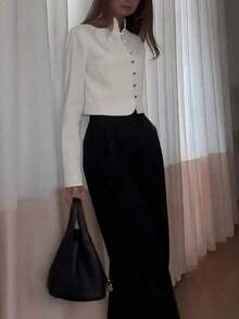 Blusa corta de manga larga con cuello mao y botones, elegante blusa delgada de unicolor, estilo chino moderno para mujer - Blanco - Ver 5