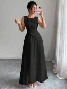 Vestido maxi casual, romántico, vintage y elegante de gasa para mujer con cordón en la cintura, para la playa, el té de la tarde, fiestas de noche, uso diario, sin mangas, de unicolor, vestido largo, primavera/verano - Negro - Ver 1