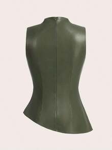 Camiseta ajustada con pliegues y estampado a cuadros para mujer, adecuada para uso diario, trabajo y viajes en verano - Verde militar - Ver 3
