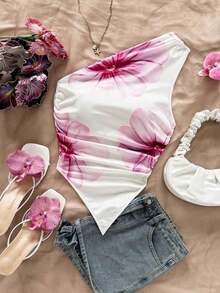 Blusa de estilo vacacional minimalista y casual con estampado floral rosa para mujer, adecuada para el verano - Multicolor 3 - Ver 6