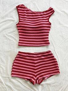 Eduarda Gutierrez  Conjunto de 2 piezas para mujer con top corto de punto a rayas y shorts ajustados de tiro súper bajo, atuendo adecuado para vacaciones, fiestas, Navidad, San Valentín, citas, playa, crucero, carnaval, Pascua, Año Nuevo Chi - Rosa Fucsia - Ver 6