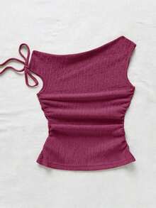 Blusa de punto con textura de burbujas de color albaricoque, cuello asimétrico con lazo en la cintura, ajuste ceñido, adecuada para fiesta, cita, paseo por la ciudad, viaje por carretera, playa de verano - Rosa Fucsia - Ver 2