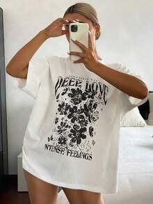 Loose And Casual Summer T-Shirt With Letter Print And Contrasting Lace, Oversized Graphic T-Shirt With Floral Print - Vintage Street Style Unisex Loose Cotton Short Sleeve Crew Neck T-Shirt. Blouses For Women. Casual Blouses For Ladies. - 白色的 - 查看 6