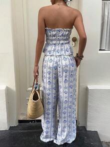 Unity Conjunto de 2 piezas de top bandeau vintage con estampado y amarre + pantalones de pierna ancha para vacaciones - Azul y blanco - Ver 2