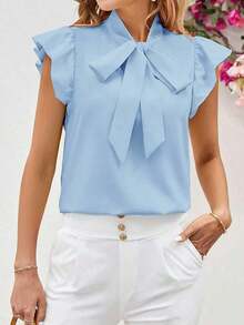 Blusa con lazo elegante para mujer, versátil para el trabajo y el uso casual, verano - Celeste - Ver 4