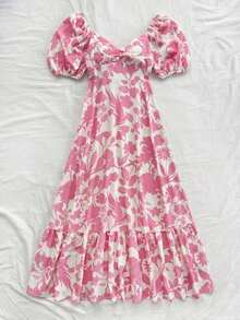 Vestido romántico de boda, estilo boho para playa y festivales de verano, con estampado de silueta de dos tonos, mangas abullonadas y volante en el bajo, color rosa y blanco - Rosa - Ver 5