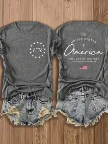 Camiseta de manga corta con cuello redondo para mujer, estilo europeo y americano, ligera y transpirable, con un diseño de inspiración estadounidense que presenta los motivos de 1776 y la bandera nacional, adecuada para uso casual en otoño, una blusa estampada a la moda y cómoda, versátil y de estilo urbano - Transpirable y agradable para la piel. - Gris - Ver 12
