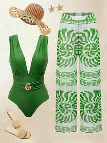 Swim Oasis Conjunto elegante de retro con estampado en espiral de un solo pieza de traje de baño coordinado con pantalón de pierna ancha, conjunto de vacaciones elegante para mujeres - Multicolor - Ver 12