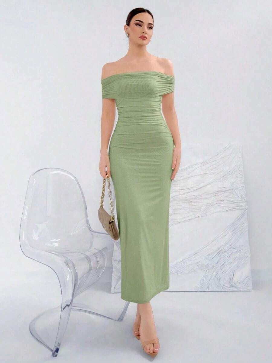Vestido elegante de punto con hombros descubiertos de unicolor para banquetes - verde menta - Ver 1