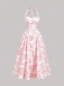 Vestido largo con estampado floral romántico con escote de cuello alto, para el Día de San Valentín, vestido de primavera, atuendo para brunch, atuendo para fiesta del té, atuendo para vacaciones en la playa, vestido floral para mujer, vestido v - Rosa - Ver 5