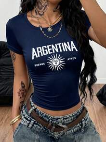 Áo croptop ôm dáng in họa tiết Argentina dành cho nữ mùa hè 2026, trang phục thường ngày thoải mái. - Màu xanh hải quân - Xem 3