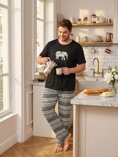 Plus Size Men's Pajama Set - Black Elephant Print Short Sleeve T-Shirt + Geometric Pattern Pants, Designed With Playful Style, Suitable For Casual Home Wear