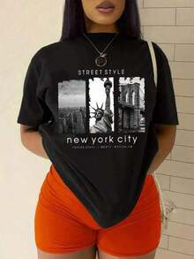 Solt 1pscCamiseta de manga corta con estampado de diseño, estilo urbano, Nueva York, EMPIRE STATE LIBERTY BROOKLYN, camisetas gráficas para mujer, tops, conjuntos familiares, atuendo de vacaciones, estilo retro vintage, para conciertos, estilo urbano, ideal para regalos.100% algodón con estampado gráfico - Negro - Ver 1