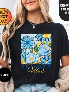 Camiseta Mujer "Summer Vibes" con Estampado de Flores Azules y Amarillas |   Casual Veraniego para Salidas y Vacaciones de Playa - Negro - Ver 4