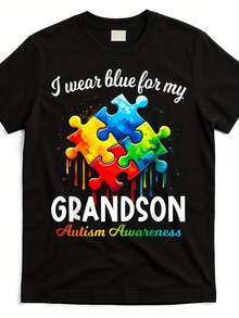 Elegante Camiseta Diaria de Concientización sobre el Autismo con Estampado de Rompecabezas "Voy a Vestir a Mi Nieto de Azul" - Diseñada con el apoyo de abuelas y abuelos, camiseta unisex de manga corta y cuello redondo de 220 g/m², adecuada para la aceptación del autismo y como ropa casual sensorial, camiseta de moda chic para todas las estaciones. - Negro - Ver 1
