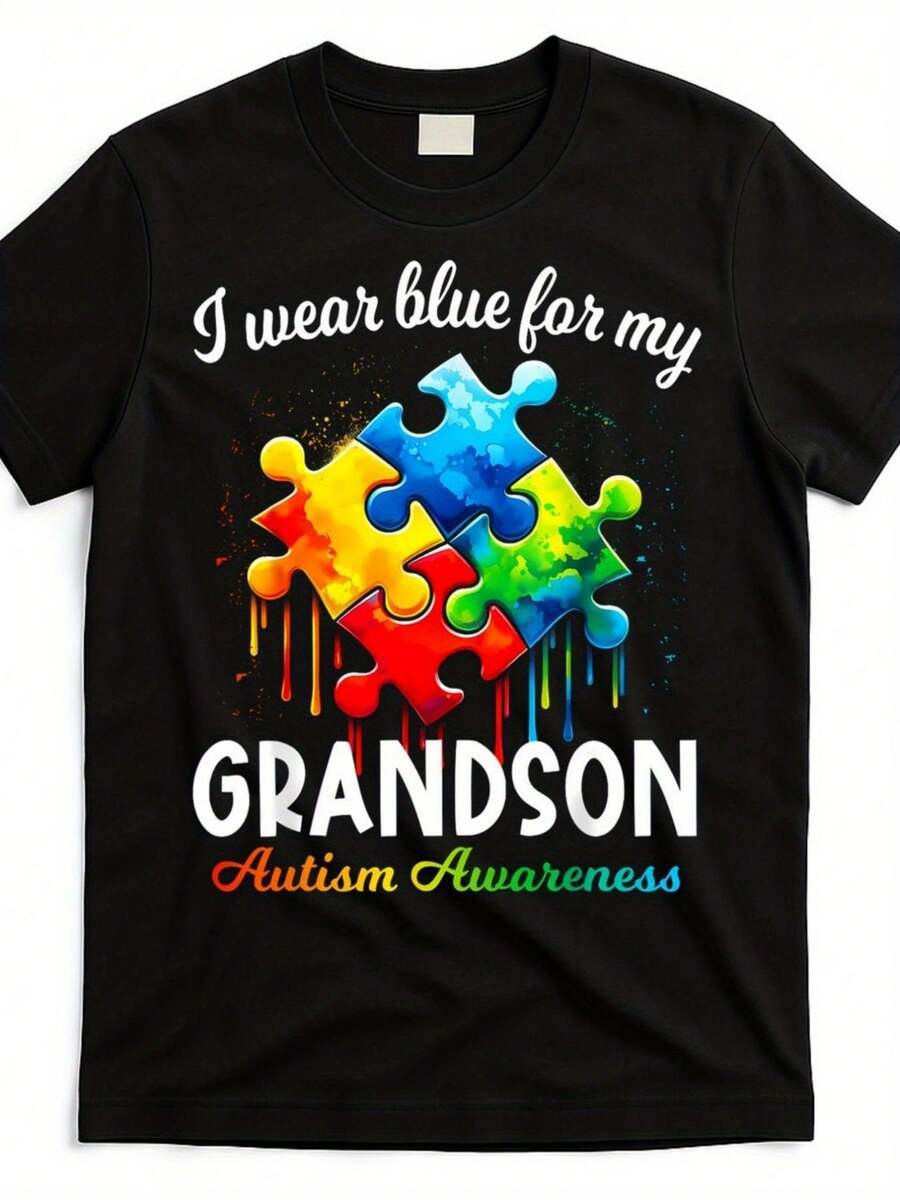 Elegante Camiseta Diaria de Concientización sobre el Autismo con Estampado de Rompecabezas "Voy a Vestir a Mi Nieto de Azul" - Diseñada con el apoyo de abuelas y abuelos, camiseta unisex de manga corta y cuello redondo de 220 g/m², adecuada para la aceptación del autismo y como ropa casual sensorial, camiseta de moda chic para todas las estaciones. - Negro - Ver 1