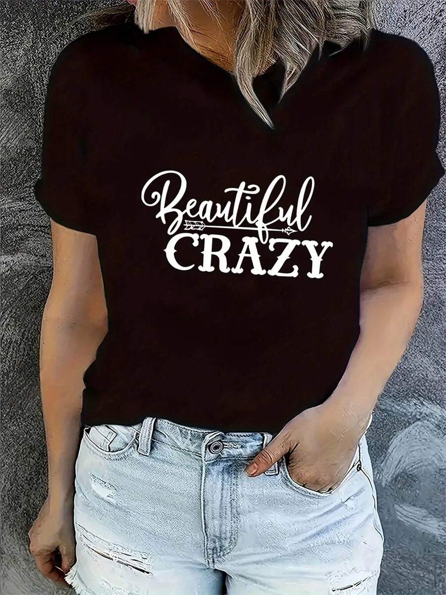 Elegante top diario con estampado de patrón divertido en inglés, camiseta deportiva casual para mujer, cuello redondo, mangas cortas, top cómodo de verano para vacaciones, camiseta de moda chic. - Negro - Ver 1