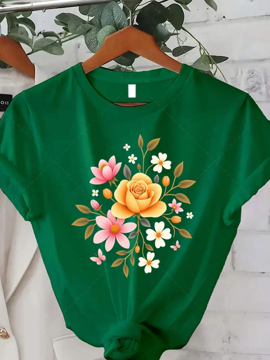 Women's Plus Size Classic T-Shirt - Floral Print T-Shirt - Women's Casual Summer Top - Butterfly Design - Bohemian Style - Black Crew Neck T-Shirt - Short Sleeve Printed Crew Neck T-Shirt, Suitable For Summer/Autumn Wear - Best Seller - 綠色 - 查看 1