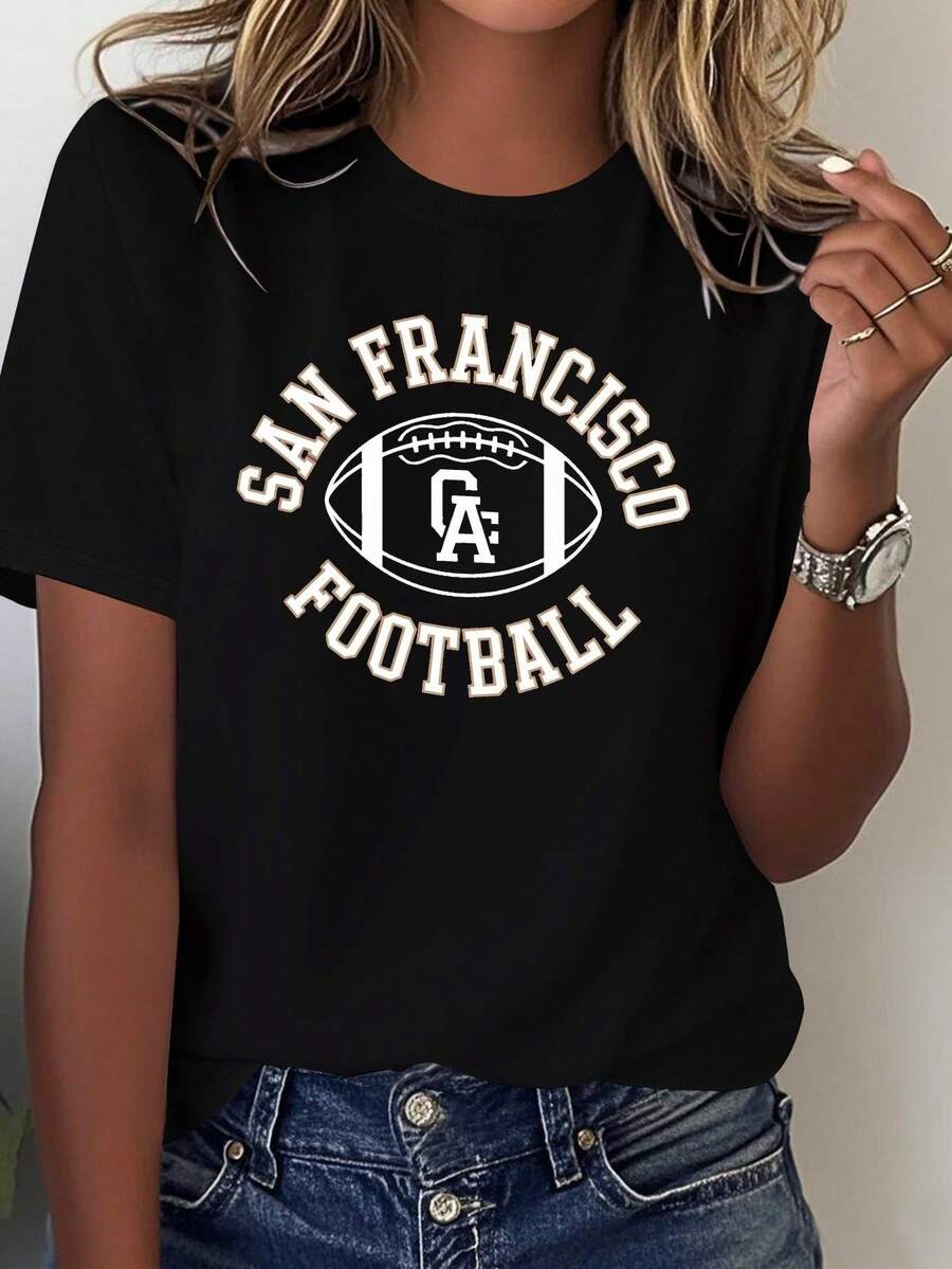 Camiseta de edición limitada para mujer con el del equipo de fútbol de San Francisco, California - Ropa casual pura para fanáticos, con letras doradas y diseño de fútbol, adecuada para todas las estaciones, con elónico SF para los seguidores, hecha de algodón ligero. - Negro - Ver 1