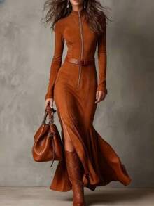 Nueva colección Otoño body elegante con cuello solapa y cierre de cremallera estilo europeo sofisticado moda  para mujer - Rojo - Ver 2