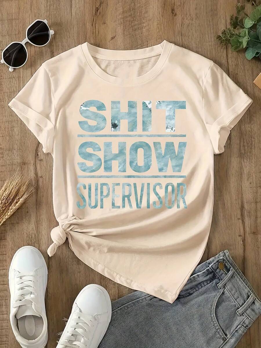 Camiseta Clásica para Mujer con Estampado de Letras, Cómoda, a, Casual, de Manga Corta, Cuello Redondo, para Uso Diario, Camiseta de Verano - Albaricoque - Ver 1