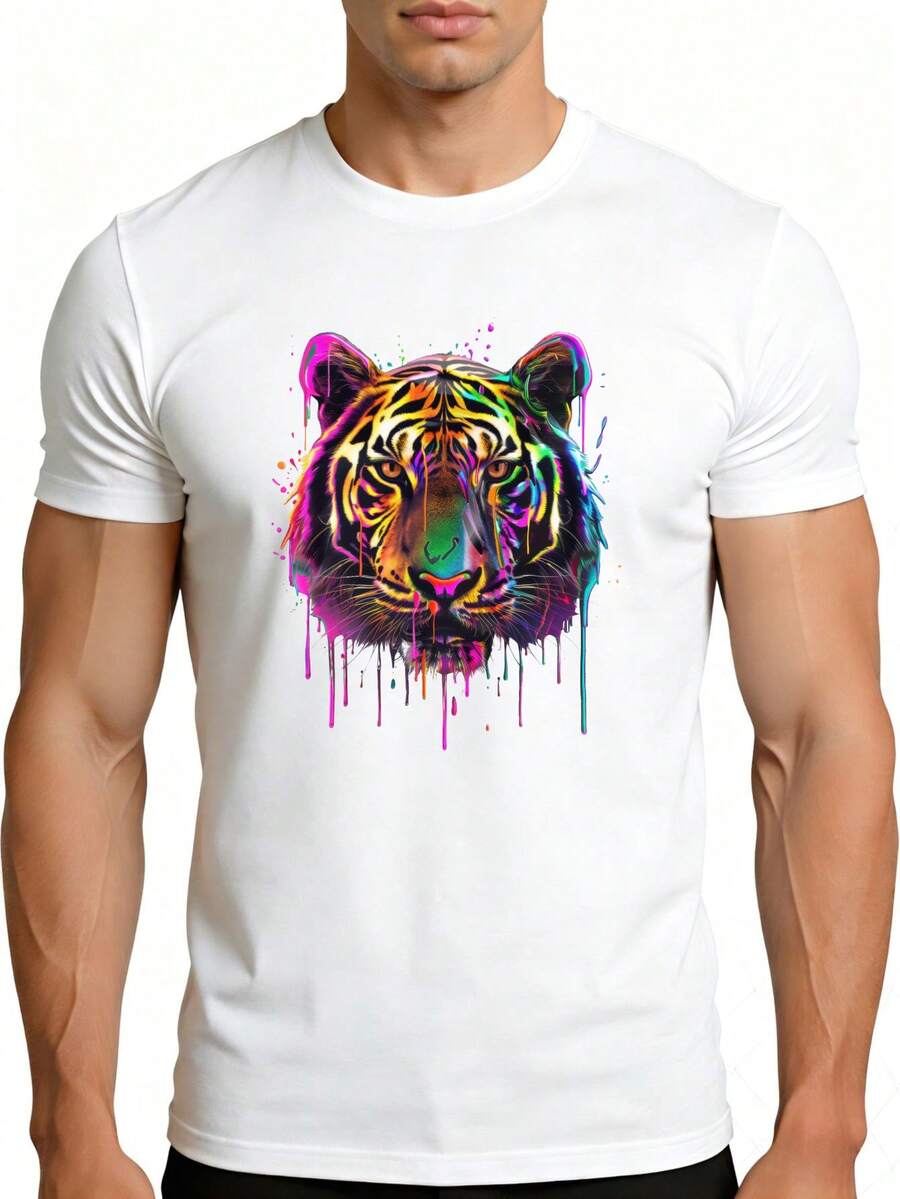 Men's T-Shirt With Colorful Tiger Print, Casual Summer Wear, Gift For Him, Loose And Comfortable. - White - View 1