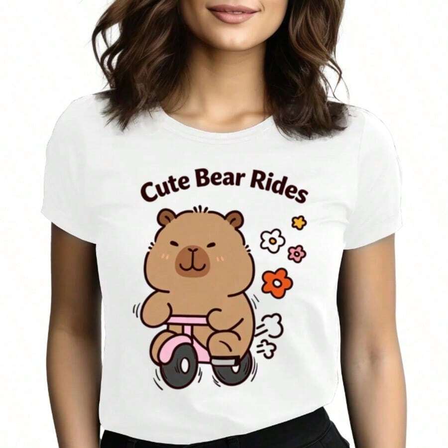 Tops para mujer de algodón de manga corta con cuello redondo y estampado de oso lindo para mujer, corte regular, estilo casual. - Blanco - Ver 1