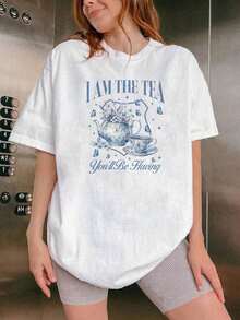 Camiseta de mujer con estampado floral azul inspirado en un juego deé, cuello redondo regular, blanca, ligera, informal para primavera y verano, diseño de fantasía vacacional y citaónica - lavable aáquina, ropa casual cómoda y para fiestas de vacaciones - camiseta blanca regular - Camiseta unisex de algodón suelto de manga corta y cuello redondo, estilo vintage urbano. - Blanco - Ver 1