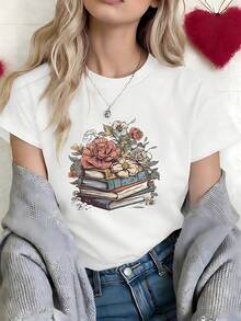 Glamorous Pearl Elegant Lady Silhouette Graphic T-Shirt, 100% Cotton Oversized Soft Breathable Chic Tee, Casual Crewneck Short Sleeve Top for Parties & Special Occasions - Blanco - Ver 4