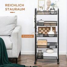 Serving Trolley With Wheels, 4 Shelves And 5 Baskets, With Handle, For Kitchen And Living Room, Made Of Black Steel. - Black - View 4