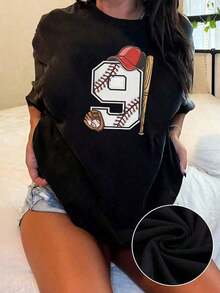 Women's Pure Cotton Printed T-Shirt, Women's Pure Cotton Printed T-Shirt, Number Nine With Red Cap, Glove, Ball, And Bat Symbolizing The Passion For Baseball And Sports Energy, Women's 100% Cotton Casual Comfortable T-Shirts For Everyday Wear - 黑色 - 查看 1