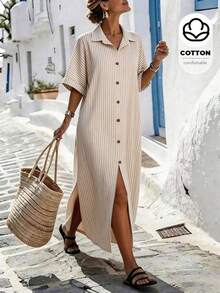 Holidaya Vestido casual de verano de algodón y lino con botones delanteros a rayas para mujer - Albaricoque - Ver 6