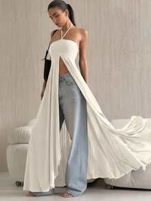 Elegant Sleeveless Halter-Style Dress, Exclusive Design, Fitted Cut With A Wide Slit, Versatile And Unique Style - 杏色 - 查看 4