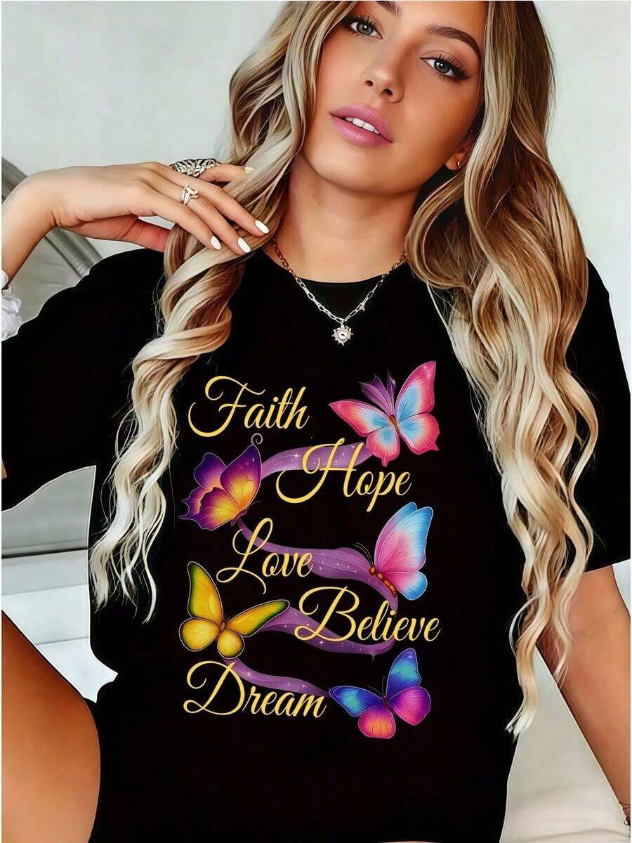 Women's Clothing: Women's T-Shirt With "Butterfly" Print | Casual Loose Fit, Short Sleeves, Round Neck, Medium Stretch, Vibrant Butterfly And Flower Print Design, Fashionable T-Shirt For Spring, Summer, And Autumn, Butterfly Shirt, Pure Cotton Printed Short-Sleeve Top, Round Neck, Stretchy Fabric, Fashionable Top For Spring/Summer, An Ideal Gift For Mothers And Women. Women's Shirts - 黑色 - 查看 1