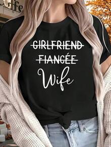 Camiseta de Algodón para Mujer con Estampado de Letras, Suave, Transpirable, Ajuste Cómodo, Cuello Redondo, Blusa, Camisa > Hermosa. - Negro - Ver 8