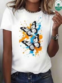 Camiseta de Verano Wo a la Moda con Estampado de Mariposas, Camiseta Blanca de Corte Regular, Cómoda y Elástica, Ideal para Viajes Diarios y Ocio en Verano - Blanco - Ver 1