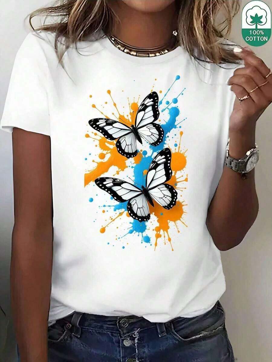 Camiseta de Verano Wo a la Moda con Estampado de Mariposas, Camiseta Blanca de Corte Regular, Cómoda y Elástica, Ideal para Viajes Diarios y Ocio en Verano - Blanco - Ver 1