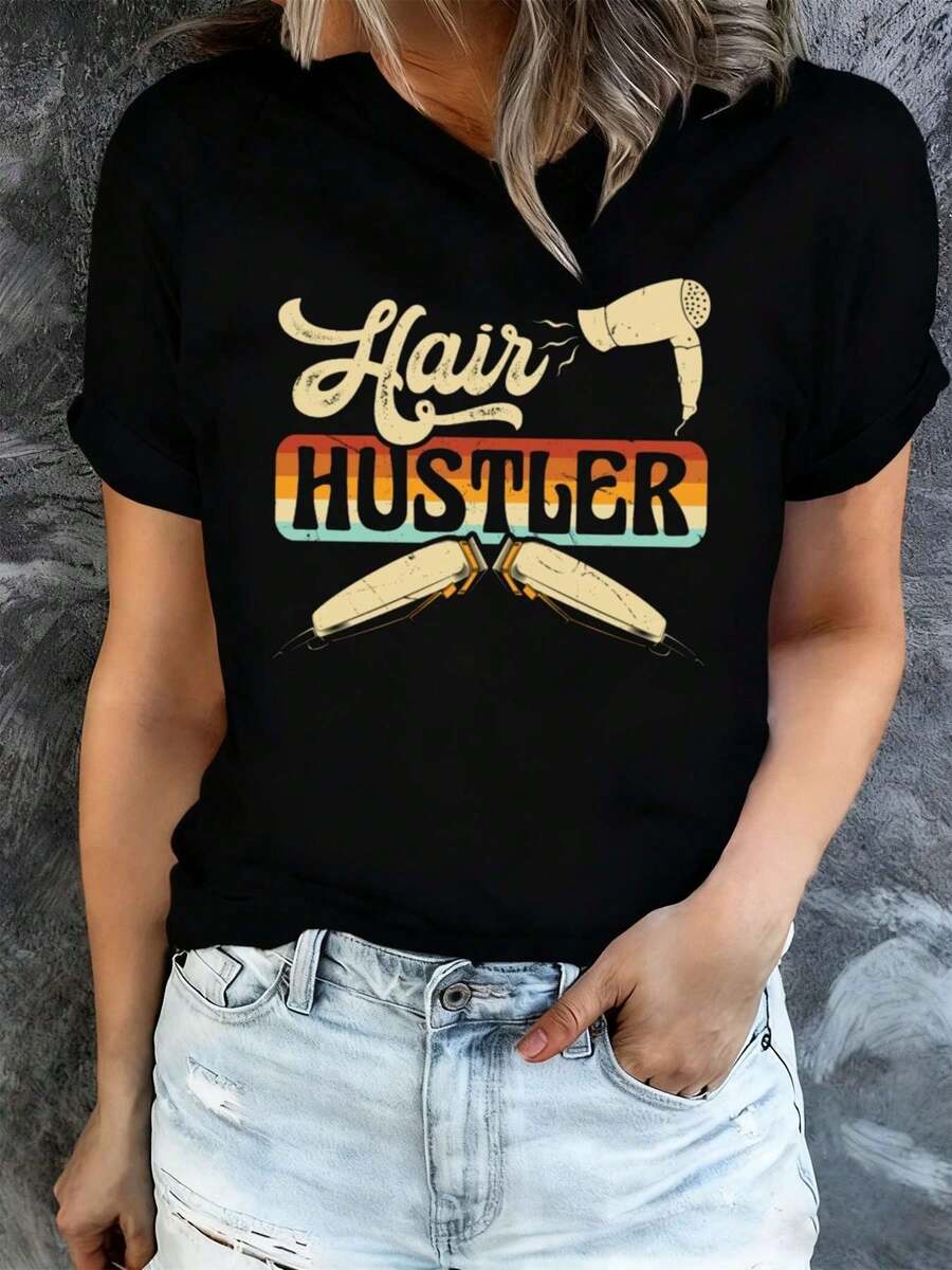 Women's H Hustler Retro T-Shirt In Black, A Stylish Blouse Perfect For The Office, Casual Dates. For Spring And Summer, It Features An Urban Hip-Hop Style Suitable For Day And Weekend Wear, Outerwear, With A Round Neck And Regular Fit. - 黑色 - 查看 1
