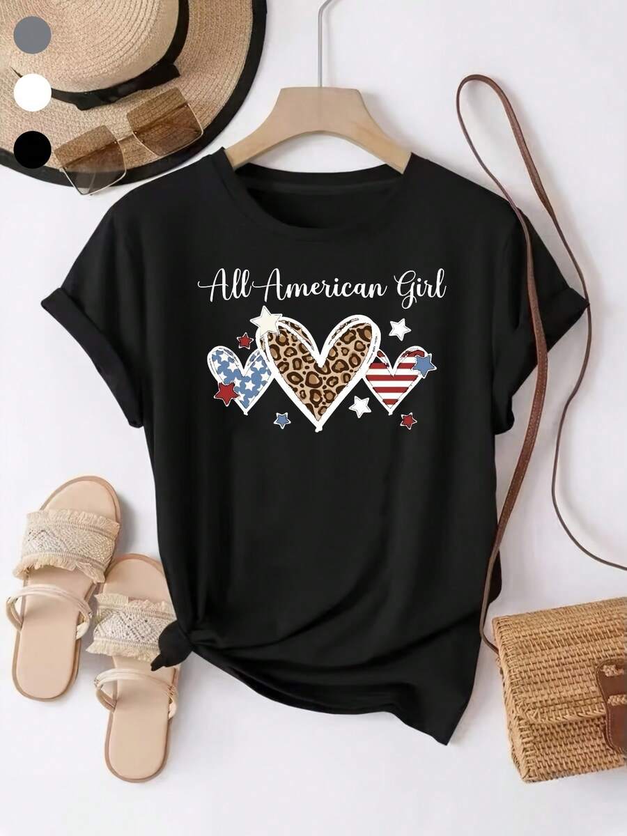 Camiseta  para mujer - Bandera de EE. UU. y corazón con estampado de leopardo, camiseta casual de manga corta y uste hoado con patrones de la bandera estadounidense, ropa básica diaria adecu para todas las estaciones (lavable a máquina)