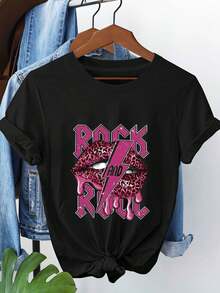 1 pieza [Oferta Especial de Vacaciones] Camiseta de manga corta de cuello redondo para mujer, estilo rock de festival de música, con estampado de labios de leopardo y rayos, 180g, 100% algodón, para primavera y verano. - Negro - Ver 1