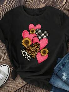 Women's Pure Cotton T-Shirt - Pink Watercolor Heart Print T-Shirt - Casual Short Sleeve Round Neck Top, Simple Casual Wear Suitable For All Seasons, Machine Washable Summer Clothes For Women - 黑色 - 查看 1