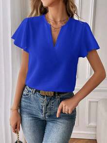 Camisa de mujer de unicolor con escote en V entallado y manga corta, informal y adecuada para el trabajo, blusas de manga corta - azul real - Ver 4