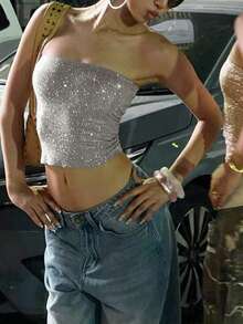 DOUCIU Sexy Metallic Bodycon Camisole Tank Top, Nightclub Style - Silver - View 5