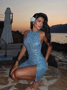 Sequin Backless Halter Mini Dress, Romantic Sexy Elegant Beach Wedding Guest Formal Evening Party Prom Graduation Stage Performance Concert Fall - Blue - View 2