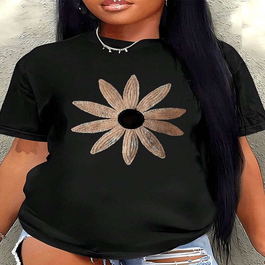 Women's Sexy Casual Elegant Round Neck Short Sleeve Cotton T-Shirt With Unique Floral Design Regular Length High Stretch Fabric - 黑色 - 查看 1