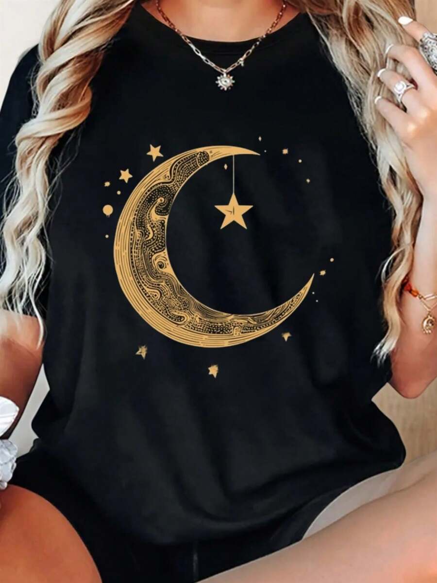 Women's Black And Gold Celestial T-Shirt - Short Sleeve Crew Neck Top With Crescent Moon And Stars Print, Breathable Casual Outfit Suitable For Parties, Dates, Date Night Outfits, Lightweight Machine Washable Summer Blouse - 黑色 - 查看 1