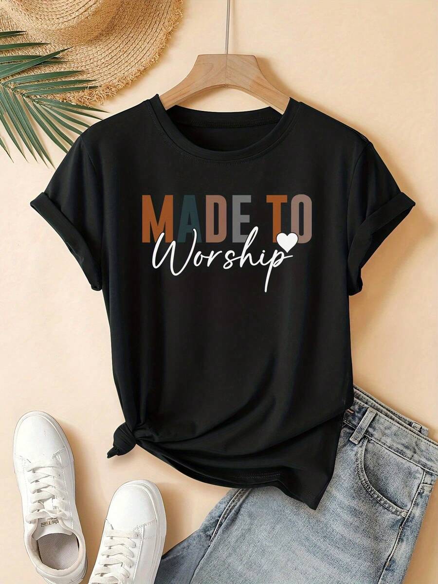 Talla Grande - Talla Grande - Camiseta de Adoración para Mujer | Camiseta Casual de Manga Corta con Cuello Redondo y Estampado Multicolor de Adoración (Inspir en el Salmo 95), Ropa de Iglesia, Ropa de Fe de Verano, Top Negro Lavable a Máquina
