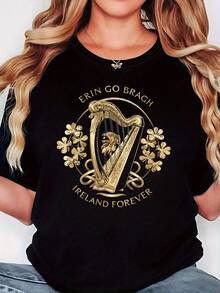 Talla Grande - Talla Grande - Camiseta con Estampado Gráfico de Harpa Erin Go Bragh y Trébol | Camiseta Casual de Manga Corta con Cuello Redondo para Mujer, I para Ocio Diario, Regalo de Vacaciones, Tejido Ligeramente Elástico parrimavera/Verano - Negro - Ver 2